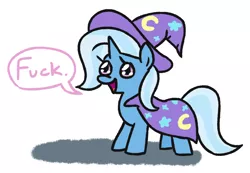 Size: 958x664 | Tagged: safe, artist:jargon scott, derpibooru import, trixie, pony, unicorn, cape, clothes, cute, dialogue, diatrixes, female, fuck, hat, mare, open mouth, simple background, smiling, solo, trixie's cape, trixie's hat, vulgar, white background