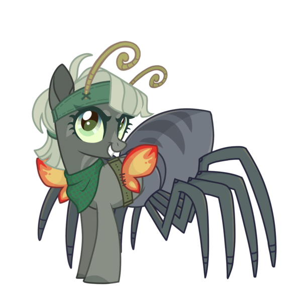 Size: 1198x1200 | Tagged: safe, alternate version, artist:syriskater, derpibooru import, oc, oc:barabi, unofficial characters only, drider, monster pony, original species, pony, spiderpony, bandana, belt, fake wings, female, grin, headband, mare, markings, simple background, smiling, solo, spy, transparent background