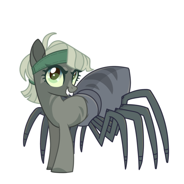 Size: 1198x1200 | Tagged: safe, alternate version, artist:syriskater, derpibooru import, oc, oc:barabi, unofficial characters only, drider, monster pony, original species, pony, spiderpony, female, grin, headband, mare, markings, monster mare, simple background, smiling, solo, spy, transparent background