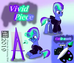 Size: 2333x2000 | Tagged: safe, artist:mrchaosthecunningwlf, artist:ponyvillechaos577, derpibooru import, oc, oc:vivid piece, pony, unicorn, backstory, backstory in description, bio, clothes, hoodie, male, painting, reference sheet, solo, stallion