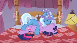 Size: 1280x720 | Tagged: suggestive, artist:adcoon, artist:blackfeathr, derpibooru import, edit, trixie, twilight sparkle, pony, unicorn, bed, clothes, featureless crotch, female, hat, lesbian, licking, mare, pillow, shipping, tongue out, trixie's hat, twixie