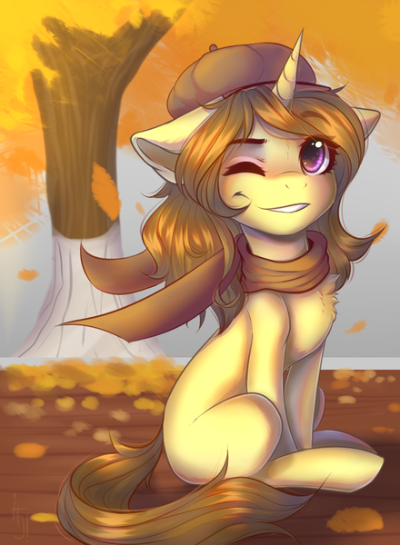 Size: 880x1200 | Tagged: safe, artist:falafeljake, derpibooru import, oc, oc:astral flare, unofficial characters only, pony, unicorn, adorable face, autumn, beret, clothes, commission, cute, hat, leaves, one eye closed, scarf, sitting, solo, tree, wind, wink, ych result