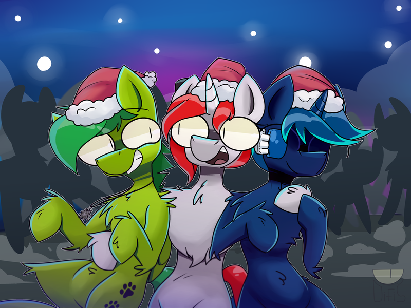 Size: 5120x3840 | Tagged: safe, artist:difis, derpibooru import, oc, oc:aura skye, oc:evergreen feathersong, oc:miss final verse, pegasus, pony, unicorn, christmas, everskye, hat, holiday, m, party, santa hat