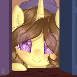 Size: 700x700 | Tagged: safe, artist:whitecrowstudio, derpibooru import, oc, oc:astral flare, pony, unicorn, adorable face, beanie, blushing, bookshelf, cute, eye clipping through hair, happy, hat, smiling