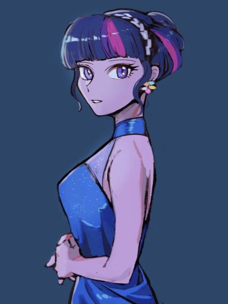 Size: 480x640 | Tagged: safe, artist:yakieringi014, derpibooru import, twilight sparkle, equestria girls, alternate hairstyle, blue background, clothes, dress, ear piercing, earring, female, halter, jewelry, piercing, simple background, solo