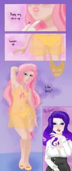 Size: 1037x2453 | Tagged: safe, artist:piccolavolpe, derpibooru import, fluttershy, rarity, human, arm behind head, armpits, bra, clothes, dialogue, female, flarity, humanized, jewelry, lesbian, lipstick, nail polish, necklace, panties, pose, see-through, shipping, underwear, yellow underwear