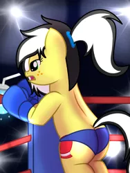Size: 1200x1600 | Tagged: safe, artist:toyminator900, derpibooru import, oc, oc:uppercute, unofficial characters only, earth pony, pony, bipedal, bipedal leaning, boxing, boxing gloves, butt, clothes, drink, foxy boxing, freckles, leaning, magic, offscreen character, open mouth, plot, scrunchie, show accurate, solo, sports, sports panties, telekinesis
