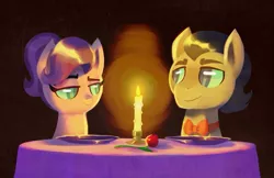 Size: 1111x719 | Tagged: safe, artist:talonsofwater, derpibooru import, filthy rich, spoiled rich, pony, bowtie, bust, candle, date, dinner, female, flower, male, portrait, romantic, rose, shipping, spoilthy, straight