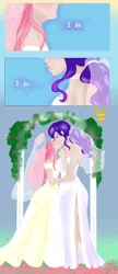 Size: 1142x2632 | Tagged: safe, artist:piccolavolpe, derpibooru import, fluttershy, rarity, human, clothes, dialogue, dress, female, flarity, floral head wreath, flower, humanized, jewelry, kissing, lesbian, marriage, necklace, pearl necklace, shipping, wedding, wedding arch, wedding dress, wedding gown