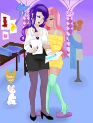 Size: 750x1000 | Tagged: safe, artist:piccolavolpe, derpibooru import, angel bunny, fluttershy, rarity, bird, human, rabbit, squirrel, animal, clothes, fabric, female, flarity, high heels, humanized, jewelry, lesbian, lipstick, mannequin, nail polish, necklace, pearl necklace, shipping, shoes, skirt, slippers