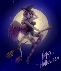 Size: 1600x1880 | Tagged: anthro, armpits, artist:starlyflygallery, broom, clothes, commission, costume, cutie mark, derpibooru import, digitigrade anthro, female, flying, flying broomstick, full moon, halloween, halloween costume, hat, holiday, leonine tail, moon, night, oc, oc:corpsly, purple eyes, rule 63, safe, see-through, see-through skirt, skirt, socks, solo, sphinx, sphinx oc, stars, striped socks, thigh highs, two toned wings, unofficial characters only, wings, witch hat, ych result