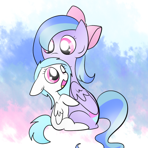 Size: 500x500 | Tagged: safe, artist:wisheslotus, derpibooru import, oc, oc:carmen, oc:wishes, unofficial characters only, pegasus, pony, abstract background, bow, duo, female, hair bow, mare, pegasus oc, simple background, smiling, transparent background, wide eyes, wings