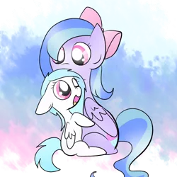 Size: 500x500 | Tagged: safe, artist:wisheslotus, derpibooru import, oc, oc:carmen, oc:wishes, unofficial characters only, pegasus, pony, abstract background, bow, duo, female, hair bow, mare, pegasus oc, simple background, smiling, transparent background, wide eyes, wings