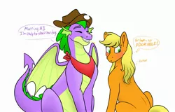 Size: 2901x1860 | Tagged: safe, artist:bellbell123, derpibooru import, applejack, spike, dragon, pony, accessory swap, applespike, blushing, cute, dialogue, eyes closed, female, loose hair, male, older, older spike, shipping, simple background, smiling, speech bubble, straight, thought bubble, white background, winged spike