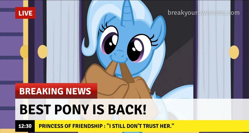 Size: 1275x682 | Tagged: safe, derpibooru import, edit, edited screencap, screencap, trixie, pony, unicorn, to where and back again, bag, break your own news, breaking news, caption, cute, diatrixes, female, implied twilight sparkle, mare, mouth hold, news, saddle bag, text, to saddlebags and back again, trixie is best pony