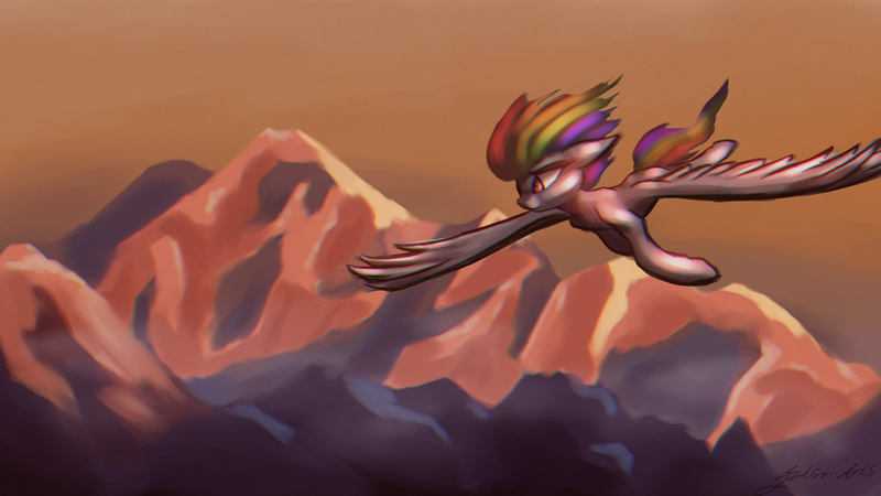 Size: 2560x1440 | Tagged: safe, artist:galinn-arts, derpibooru import, rainbow dash, pegasus, pony, female, flying, mare, morning, mountain, mountain range, scenery, solo