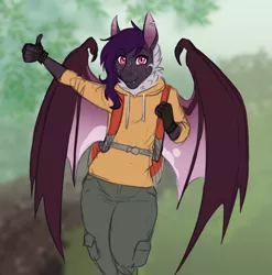 Size: 1776x1797 | Tagged: safe, artist:askbubblelee, derpibooru import, oc, oc:midnight mural, unofficial characters only, anthro, bat pony, anthro oc, backpack, bat pony oc, bat wings, clothes, digital art, fangs, female, freckles, hitchhiking, mare, slit eyes, smiling, solo, sweater, wings