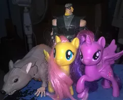 Size: 1813x1480 | Tagged: action figure, alicorn, artist:edhelistar, beast mode, beast wars, brushable, dc comics, derpibooru import, fluttershy, green arrow, human, irl, pegasus, photo, rat, rattrap, safe, size comparison, toy, transformers, twilight sparkle, twilight sparkle (alicorn)