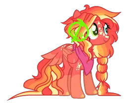 Size: 994x827 | Tagged: safe, artist:cassiedraz, artist:shiibases, derpibooru import, oc, pegasus, pony, blue eyes, braid, clothes, female, food, freckles, green eyes, heterochromia, long mane, long tail, mare, offspring, orange, parent:big macintosh, parent:fluttershy, parents:fluttermac, pegasus oc, red, scarf, simple background, tail feathers, transparent background, watermark, wings, yellow