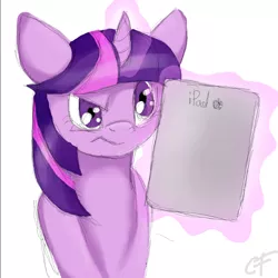 Size: 800x800 | Tagged: safe, artist:realbarenziah, derpibooru import, twilight sparkle, pony, atg 2012, female, frown, glowing horn, horn, ipad, magic, mare, narrowed eyes, simple background, solo, telekinesis, white background