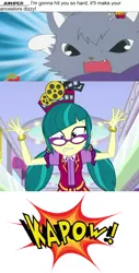 Size: 796x1561 | Tagged: safe, artist:mega-poneo, derpibooru import, edit, edited screencap, screencap, juniper montage, cat, equestria girls, mirror magic, spoiler:eqg specials, angry, anime, arms in the air, crossover, dialogue, dian, glasses, jewelpet, kapow, mega poneo strikes again, meme, mulan, oh crap, punch, sanrio, sega, yao