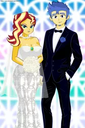 Size: 2250x3375 | Tagged: safe, artist:chuyryu, derpibooru import, flash sentry, sunset shimmer, equestria girls, breasts, cleavage, clothes, dress, female, flashimmer, male, marriage, shipping, straight, tuxedo, updated, wedding, wedding dress