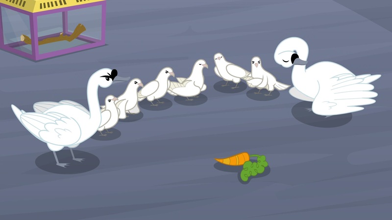 Size: 1920x1080 | Tagged: angry, animal, bird, carrot, crossed wings, derpibooru import, dove, eloise, flock, food, glass, hubert (swan), safe, screencap, swan, the last problem, twig