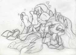 Size: 1115x810 | Tagged: alicorn, anthro, artist:dertikleen, barefoot, derpibooru import, feet, feet sniffing, fetish, foot fetish, luster dawn, monochrome, princess twilight 2.0, sniffing, suggestive, the last problem, traditional art, twilight sparkle, twilight sparkle (alicorn)