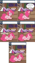 Size: 1002x1772 | Tagged: safe, artist:pippy, derpibooru import, pinkie pie, twilight sparkle, pony, pinkiepieskitchen, apron, clothes, comic, prone, sleeping, snoring