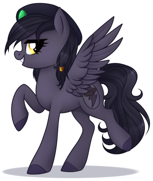 Size: 1566x1853 | Tagged: safe, artist:kannakiller, derpibooru import, edit, oc, oc:mir, unofficial characters only, pegasus, pony, beret, commission, dashite, female, grin, hat, hooves, leg lifted, leg raise, looking back, pose, simple background, smiling, sticker, transparent background, wings, ych result