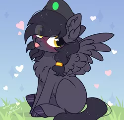 Size: 3772x3640 | Tagged: safe, artist:bishamon_itto, derpibooru import, oc, oc:mir, unofficial characters only, pegasus, pony, :p, beret, blushing, chest fluff, commission, cute, dashite, female, hat, heart, hooves, looking back, mare, missing cutie mark, pegasus oc, simple background, sitting, tongue out, wings, ych result