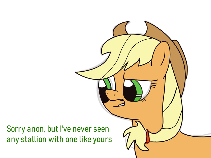 Size: 1600x1200 | Tagged: suggestive, artist:psychedlurker, derpibooru import, applejack, oc, oc:anon, earth pony, pony, 1000 hours in ms paint, applejack's hat, cowboy hat, hat, implied donger, noob, simple background, solo, text, white background