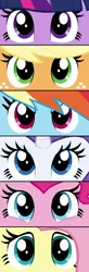 Size: 964x2950 | Tagged: safe, artist:alexeigribanov, derpibooru import, part of a set, applejack, fluttershy, pinkie pie, rainbow dash, rarity, twilight sparkle, pony, close-up, cute, eye, eyes, hnnng, mane six, part of a series