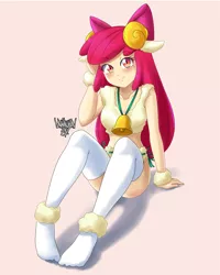 Size: 3999x5001 | Tagged: safe, artist:danmakuman, derpibooru import, apple bloom, human, equestria girls, blushing, clothes, human coloration, looking at you, missing shoes, older, older apple bloom, sheep costume, smiling, socks, solo, thigh highs