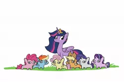 Size: 1200x798 | Tagged: safe, artist:tjpones, derpibooru import, applejack, fluttershy, pinkie pie, princess twilight 2.0, rainbow dash, rarity, starlight glimmer, twilight sparkle, twilight sparkle (alicorn), alicorn, earth pony, pegasus, pony, unicorn, the last problem, female, mane six, older, older applejack, older fluttershy, older mane six, older pinkie pie, older rainbow dash, older rarity, older starlight glimmer, older twilight, one of these things is not like the others, simple background, smol, squatpony, the tables have turned, twiggie, white background, woonoggles