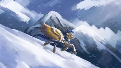 Size: 3840x2160 | Tagged: safe, artist:orfartina, derpibooru import, oc, oc:crushingvictory, unofficial characters only, pegasus, pony, armor, craft, ear fluff, engraving, fluffy, mountain, mountain range, scenery, snow, solo, spread wings, sword, unshorn fetlocks, weapon, windswept mane, windswept tail, wings