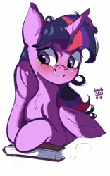 Size: 1250x2006 | Tagged: safe, artist:tohupo, derpibooru import, twilight sparkle, twilight sparkle (alicorn), alicorn, pony, adorkable, blushing, book, bust, cute, dork, female, mare, simple background, smiling, solo, twiabetes, white background