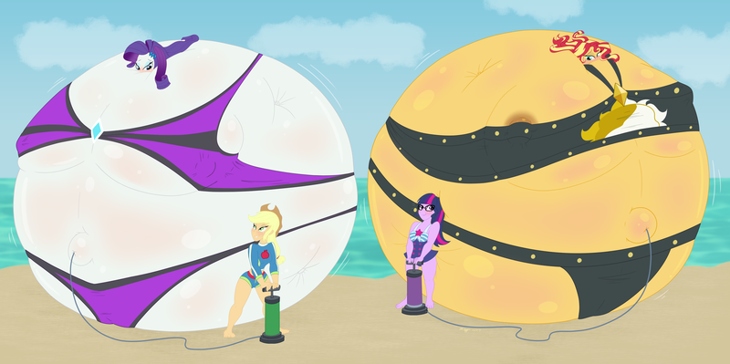 Size: 3798x1896 | Tagged: questionable, artist:necrofeline, derpibooru import, applejack, rarity, sci-twi, sunset shimmer, twilight sparkle, equestria girls, air inflation, air pump, belly button, bikini, blushing, cartoon physics, clothes, female, image, inflation, lesbian, nipple slip, nipples, outie belly button, png, rarijack, scitwishimmer, shipping, sunsetsparkle, swimsuit, wardrobe malfunction