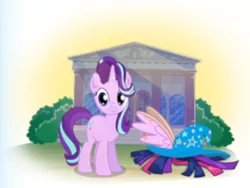 Size: 304x228 | Tagged: safe, derpibooru import, starlight glimmer, pony, cropped, fake wings, game screencap, gameloft, wig