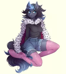 Size: 2233x2499 | Tagged: safe, artist:1an1, derpibooru import, oc, oc:princess star, unofficial characters only, anthro, umbrum, unguligrade anthro, unicorn, breasts, cape, clothes, denim shorts, female, glowing horn, horn, mare, offspring, parent:king sombra, shorts, socks, solo, sweater