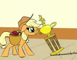 Size: 3457x2684 | Tagged: safe, artist:wenni, derpibooru import, applejack, earth pony, pony, series:pony re-watch, applebuck season, apple, basket, cowboy hat, dragging, female, food, hat, mare, mouth hold, property damage, saddle basket, scene interpretation, solo, tired, tiredjack, trophy