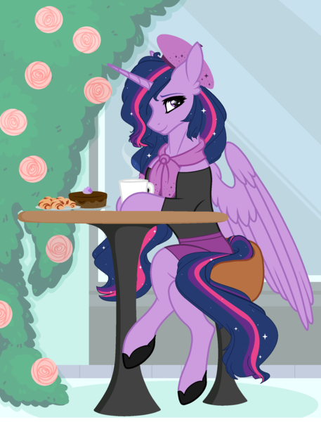 Size: 1776x2332 | Tagged: alicorn, artist:obeliskgirljohanny, beautiful, beret, bread, cake, clothes, croissant, cute, derpibooru import, ear fluff, female, flower, food, hat, looking at you, mare, miniskirt, older, older twilight, paris, princess twilight 2.0, safe, scarf, semi-anthro, shoes, sitting, skirt, solo, the last problem, twilight sparkle, twilight sparkle (alicorn)