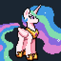 Size: 256x256 | Tagged: safe, artist:bitassembly, derpibooru import, princess celestia, queen chrysalis, alicorn, changeling, changeling queen, pony, abstract background, animated, disguise, disguised changeling, fake celestia, female, floating heart, flowing mane, gif, grin, heart, hoof shoes, looking at you, magic, mare, one eye closed, open mouth, peytral, pixel art, shapeshifting, simple background, smiling, solo, transformation, wink