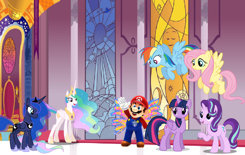 Size: 2490x1579 | Tagged: safe, artist:ambassad0r, artist:dashiesparkle, artist:fluttershymlp6, artist:luckreza8, artist:user15432, artist:yanoda, derpibooru import, fluttershy, princess celestia, princess luna, rainbow dash, starlight glimmer, twilight sparkle, twilight sparkle (alicorn), alicorn, fairy, human, pegasus, pony, unicorn, amulet, barely pony related, canterlot, canterlot castle, crossover, crossover shipping, fairy wings, female, jewelry, male, maridash, mario, marioshy, necklace, nintendo, straight, super mario bros., throne room, waving, wings