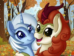 Size: 2500x1875 | Tagged: safe, artist:prismawatercolor, derpibooru import, autumn blaze, oc, oc:eula phi, kirin, unicorn, autumn, awwtumn blaze, cheek squish, cute, female, hug, leaves, mare, not trixie, running of the leaves, smiling, squishy cheeks, tree