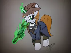 Size: 1280x960 | Tagged: safe, artist:brisineo, color edit, derpibooru import, edit, oc, oc:littlepip, pony, unicorn, fallout equestria, fanfic, clothes, coat, colored, cowboy hat, fallout, fallout 4, fanfic art, female, general, glowing horn, gradient background, gun, hat, hooves, horn, leather, levitation, looking at you, magic, mare, minutemen, pipbuck, simple background, smiling, solo, telekinesis, weapon