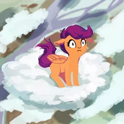 Size: 700x700 | Tagged: safe, artist:weird--fish, derpibooru import, scootaloo, pegasus, pony, cloud, female, filly, on a cloud, solo, standing on cloud