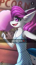 Size: 524x931 | Tagged: alternate version, amusement park, anthro, apple, artist:obscuredragone, breasts, caption, clothes, cotton candy, couple, date, derpibooru import, dots, dress, food, happy, high heels, holding hands, night, oc, oc:bleu, original species, pink hair, safe, shark, shark pony, shark tail, shark teeth, shoes, small breasts, snapchat, snaphorse, solo, text, walking