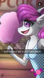 Size: 524x931 | Tagged: amusement park, anthro, apple, artist:obscuredragone, breasts, caption, clothes, cotton candy, couple, date, derpibooru import, dress, food, happy, high heels, oc, oc:bleu, original species, safe, shark, shark pony, shark tail, shark teeth, shoes, small breasts, snapchat, snaphorse, solo, text, walking