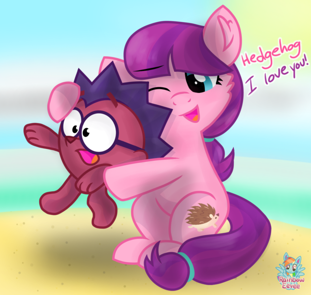 Size: 1087x1032 | Tagged: safe, artist:rainbow eevee, derpibooru import, lily longsocks, hedgehog, pony, beach, chiko, chikoriki, cutie mark, female, filly, glasses, male, smeshariki, wat